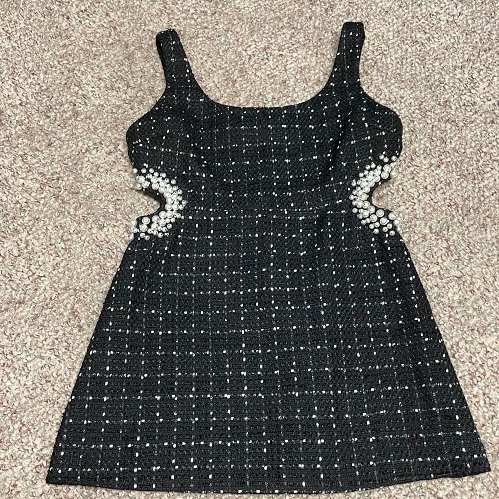 Zara Black Tweed Pearl Cutout Mini Dress